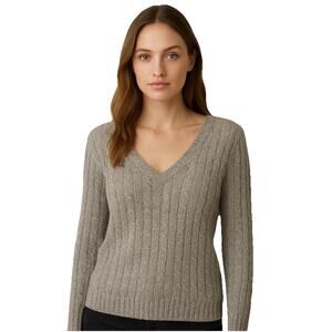 Ralph Lauren Preppy V-Neck Silver Metallic Cable Knit Silk Blend Sweater 2X NWT